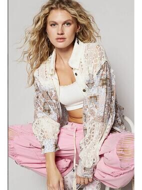 New!!! POL OVERSIZED Open Knit Crochet and Mixed Print Woven Fabric Top
